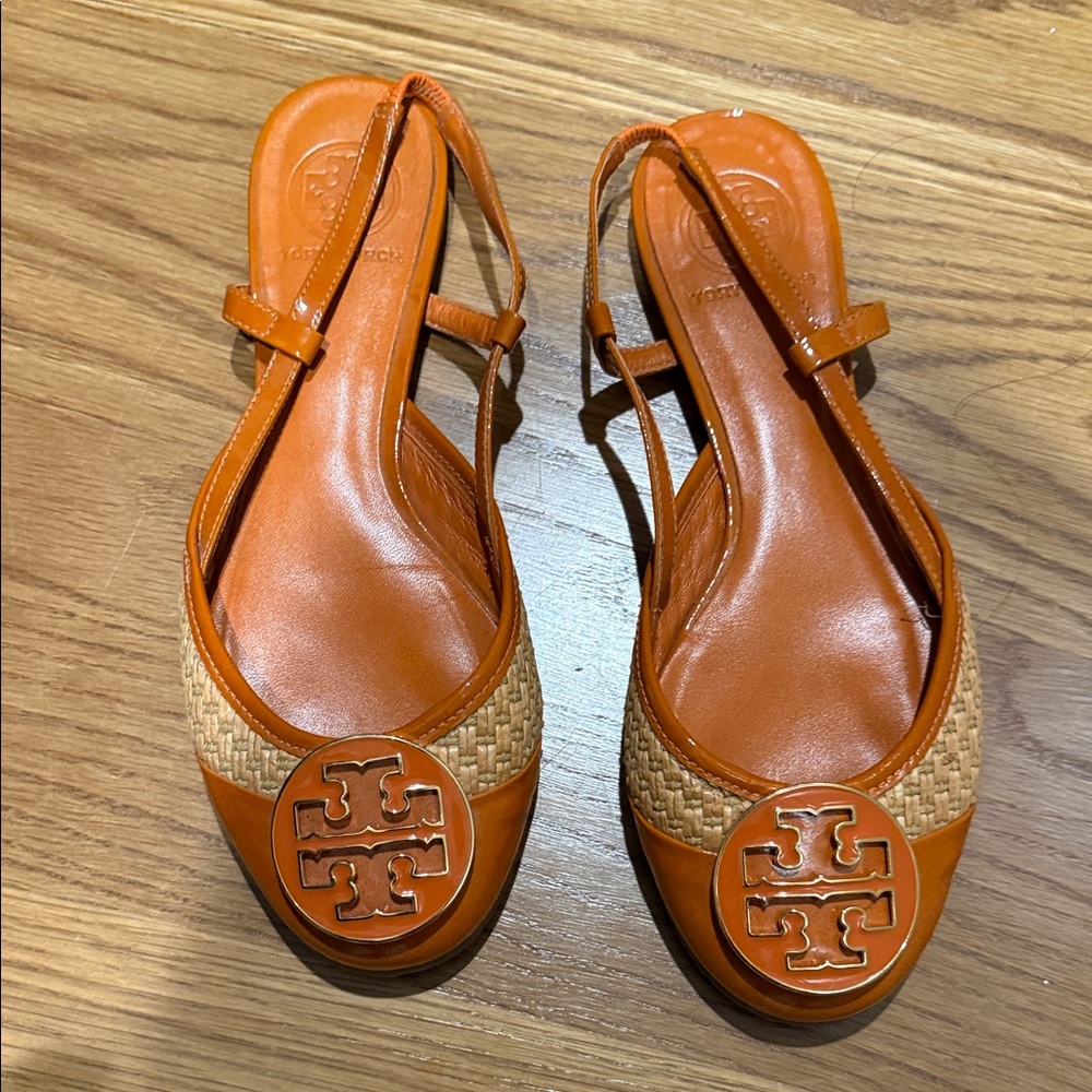 Tory Burch Orange and Tan Slingback Sandals